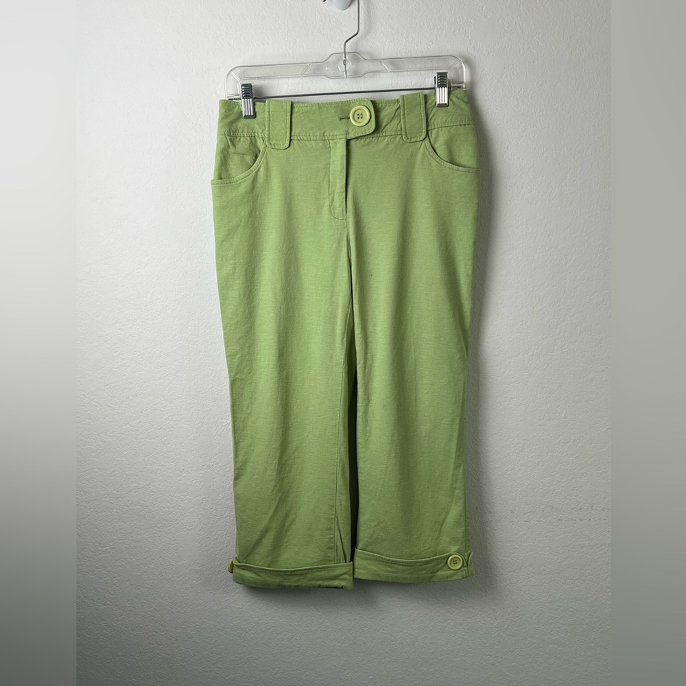 Dalia Lime Green Big Button Linen Blend Capri Cropped Beach Vacation Pants